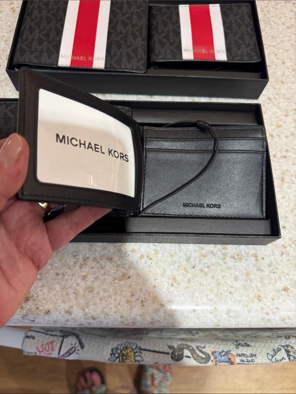 Michael Kors Men's Black MK Monogram Wallet Set with Red & Gray Center Stripes
